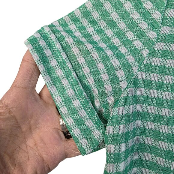 1970s Switchmates Small Gingham Pointy Collar Green Polo Shirt Deadstock Retro - Picture 3 of 9